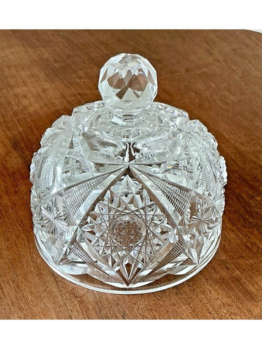 American Brilliant Cut Glass Dome Cloche 6” x 5.5” Starburst & Hobstar Pattern